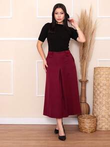 Women's Tailored Skirt With Thick Belt Loop Pocket And Zipper At The Back - 酒紅色 - 查看 4
