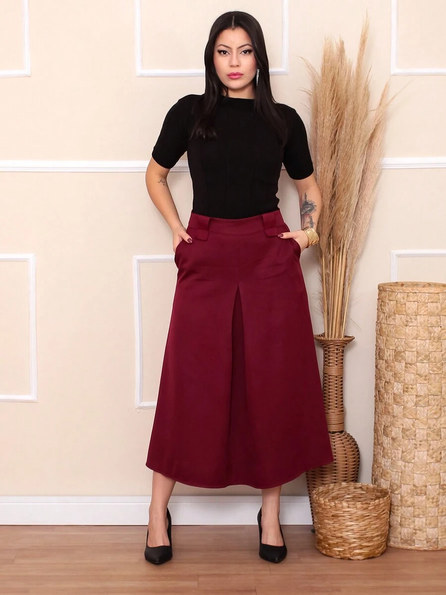 Women's Tailored Skirt With Thick Belt Loop Pocket And Zipper At The Back - 酒紅色 - 查看 1