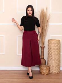Women's Tailored Skirt With Thick Belt Loop Pocket And Zipper At The Back - 酒紅色 - 查看 5