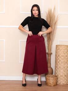 Women's Tailored Skirt With Thick Belt Loop Pocket And Zipper At The Back - 酒紅色 - 查看 2