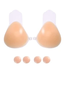 2 件/1 对硅胶粘性胸罩搭配 4 件/2 对小乳头贴，无肩带聚拢露背胸罩，隆胸隐形胸罩，可重复使用的粘性乳头贴，适用于婚纱、晚礼服、露背服装 - 淺粉色 - 查看 9