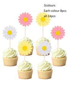 24 PIÈCES Décorations de gâteau en forme de Marguerite rose, fleur Toppers de gâteau, Cure-dents picks pour fête, décoration de baptême, baby shower, anniversaire, Noël