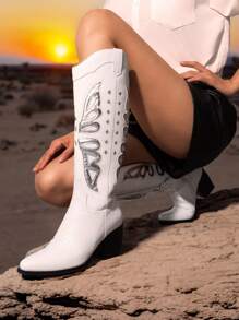 Women's Western Cowboy Boots Chunky Heels Pointed Toe Pull On Zipper Fashion Knee High Boots Valentines - 白色 - 查看 3