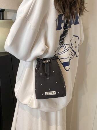 Cute Fantasy Black Drawstring Phone Bag, Crossbody Pouch And Coin Purse, Necessary For Students And Travelers, Suitable For Summer Outdoor Activities