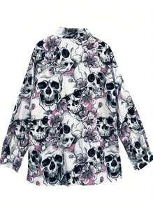 New Stylish Plus Size Women Skull Pattern Long Sleeve Shirt - Multicolor - View 2