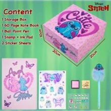 Disney Stitch Notebook Stationery Set Diary DIY Journal Kit With Gem Stickers Pen Stamp Craft Writing Drawing Gift - Pink - View 6