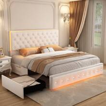 SIBEDS Queen Upholstered RGB LED Platform Bed Frame With Storage Drawers, Crystal Tufted Headboard, Velvet Cream - Kem nhung - Xem 1