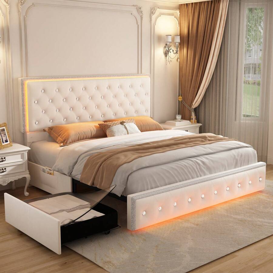 SIBEDS Queen Upholstered RGB LED Platform Bed Frame With Storage Drawers, Crystal Tufted Headboard, Velvet Cream - Kem nhung - Xem 1
