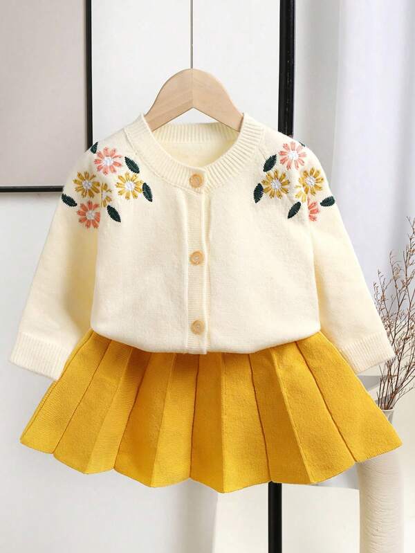 Young Girl Floral Embroidered Single-Breasted Cardigan And Pleated Knit Midi Skirt Cute 2 Pieces Set, Autumn/Winter