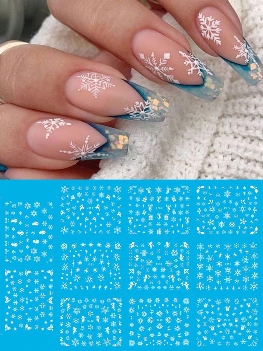 1 张雪花冬季贴纸美甲装饰彩色蓝粉色白色雪花水贴花指甲转印滑块圣诞节设计女士女孩美甲修指甲 - 彩色 - 查看 1