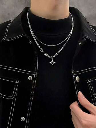 1pc Double-Layered Star Pendant Necklace, Men's Sweater Chain, Bohemian Style, Couple Gift, Party, Travel Souvenir, Birthday Present, Men's Jewelry