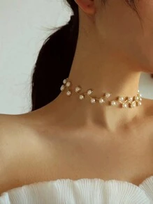 1 chiếc vòng cổ trang trí ngọc trai giả ngẫu nhiên tinh tế, vòng cổ choker hạt kim loại kiểu cành cây cá nhân hóa, phù hợp làm phụ kiện trang sức hàng ngày và dự tiệc cho phụ nữ - Vàng - Xem 6
