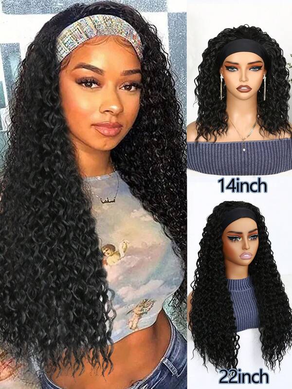 Water Wave Headband Wigs Synthetic Put-On & Go Curly Wave Synthetic Wig With Head Band Affordable For Women Daily Use Natural Black Color For Daily Party , Halloween, Cosplay,Christmas, Parties, Etc.