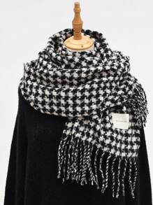 1 件经典黑白格子围巾披肩带流苏女士舒适涤纶防风时尚围巾披肩配饰女士冬季秋季 - 長須黑白千鳥 - 查看 4