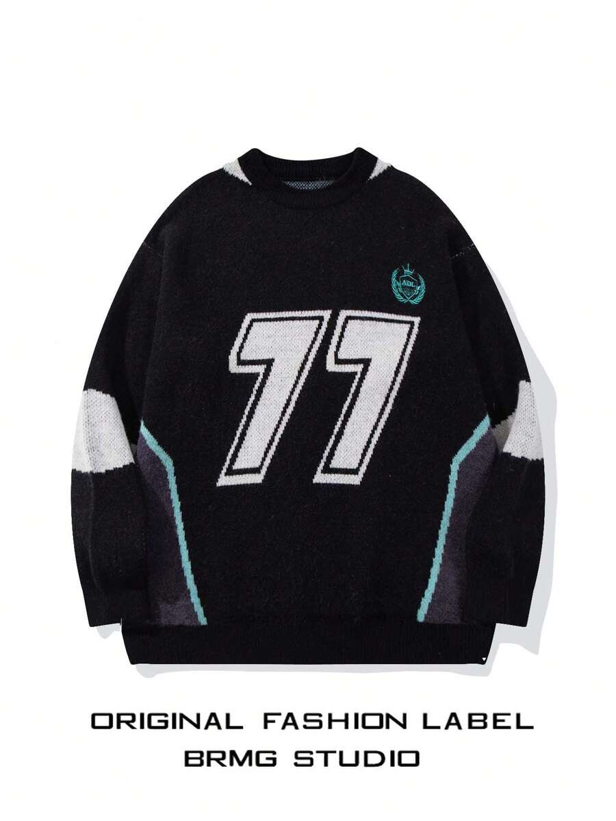 Unisex Casual Loose Raglan Sleeve Colorblock English Letter Embroidery Number Striped Jacquard Striped Patchwork Sporty Crew Neck Pullover Sweater, Autumn/Winter - Black - View 1