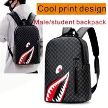 鲨鱼嘴风格背包，欧美时尚格纹图案，大容量旅行休闲男士书包圣诞礼物冬季圣诞男士包旅行包书包复古趣味礼物钱包节日感恩节男士礼物度假徒步旅行男士礼物笔记本电脑多功能户外便携时尚休闲学生爸爸礼物男友礼物男士胸包男士侧包挎包皮包流浪包腰包男士包旅行必备复古包 - 黑色 - 查看 2