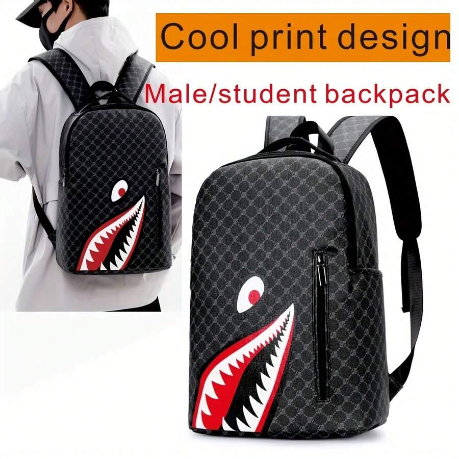 鲨鱼嘴风格背包，欧美时尚格纹图案，大容量旅行休闲男士书包圣诞礼物冬季圣诞男士包旅行包书包复古趣味礼物钱包节日感恩节男士礼物度假徒步旅行男士礼物笔记本电脑多功能户外便携时尚休闲学生爸爸礼物男友礼物男士胸包男士侧包挎包皮包流浪包腰包男士包旅行必备复古包