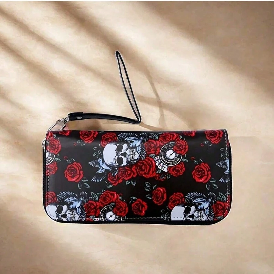 彩色骷髅印花长款钱包 复古欧美风格主题女士手拿包 拉链位置随机 带肩带钱包 腕带钱包 女士礼物 女士手包 大钱包 钱包必备品 - 紅色 - 查看 1