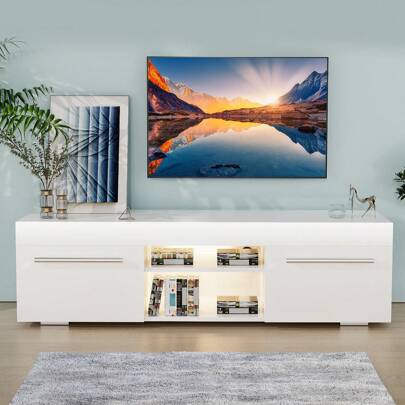 OYAJIA 130 CM LED High Gloss TV Stand For 55/60/65 Inch TVs Gaming Entertainment Center With 2 Shelves Modern TV Cabinet With 2 Drawers For Living Room Bedroom