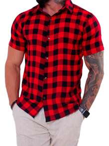 Men's Plaid Shirt Short Sleeve Slim Flannel Buttons Top - Red - View 2