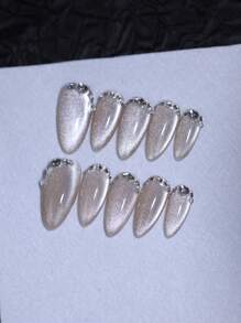 100% Handmade Sequin Rhinestone Decorated Cat Eye Nails, 10pcs Apricot Sequin Cat Eye Shape Reusable Fake Nails, Suitable For Women And Girls, Daily And Party Use All Seasons Nail Art Product Handmade Press On Nails - Khaki - View 2
