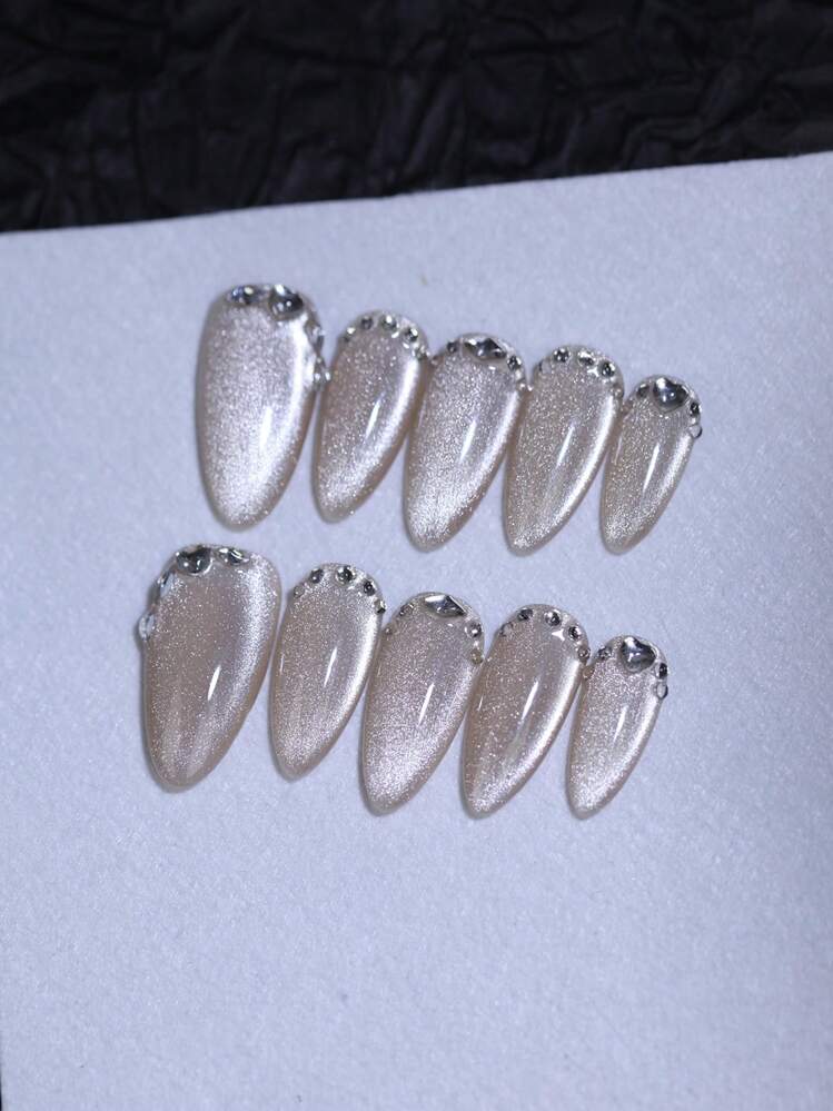 100%纯手工制作闪亮水钻美甲贴片，卡其色猫眼图案，10片装，杏仁形可重复使用假指甲贴片，适合女性和女孩，四季皆宜，日常佩戴及派对美甲产品，美甲用品，手工美甲贴片 - 卡其色 - 查看 1