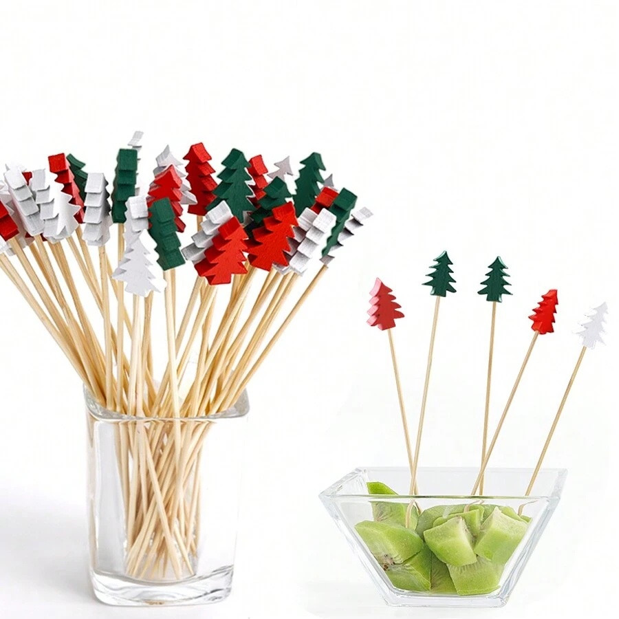 50pcs/100Pcs Christmas Fruit Picks Dessert Buffet Salad Fork Cake Muffin Vegetable Sticks Cocktail Toothpicks Party Decoration