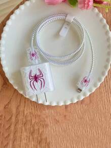 5pcs/Set Halloween Pink/Black Spider 1.5m Laser Wrap Data Cable, Charger Head Protector, Anti-Breakage Cable TPU Wrap Organizer, Compatible With IPhone 12/13/14, Compatible With 20W Fast Charging Cable Cable Protector, Charger Protector