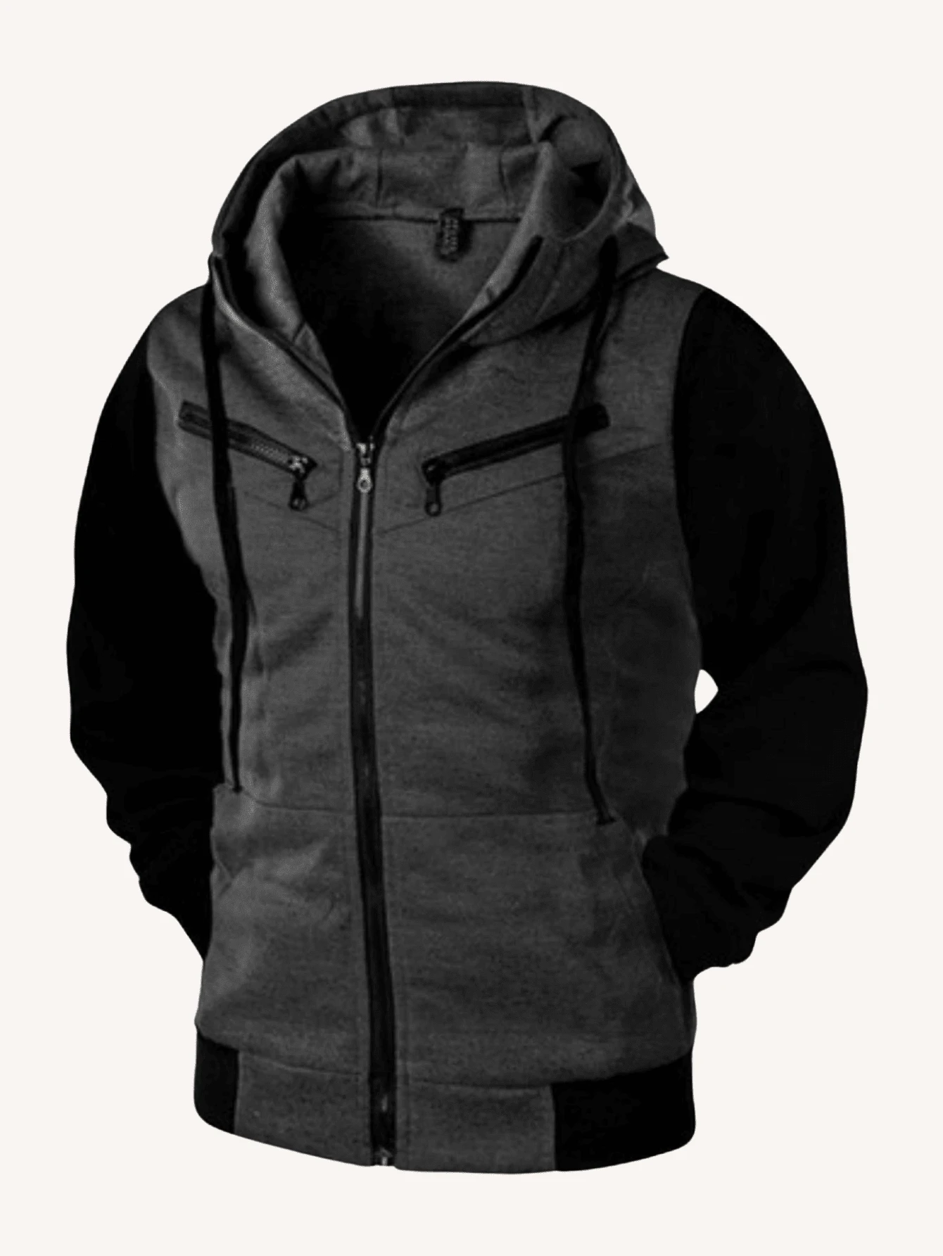 3-Zipper Sweatshirt Cotton Cold Weather Top With Hood With Pocket Slim Jacket - Dark Grey - View 1