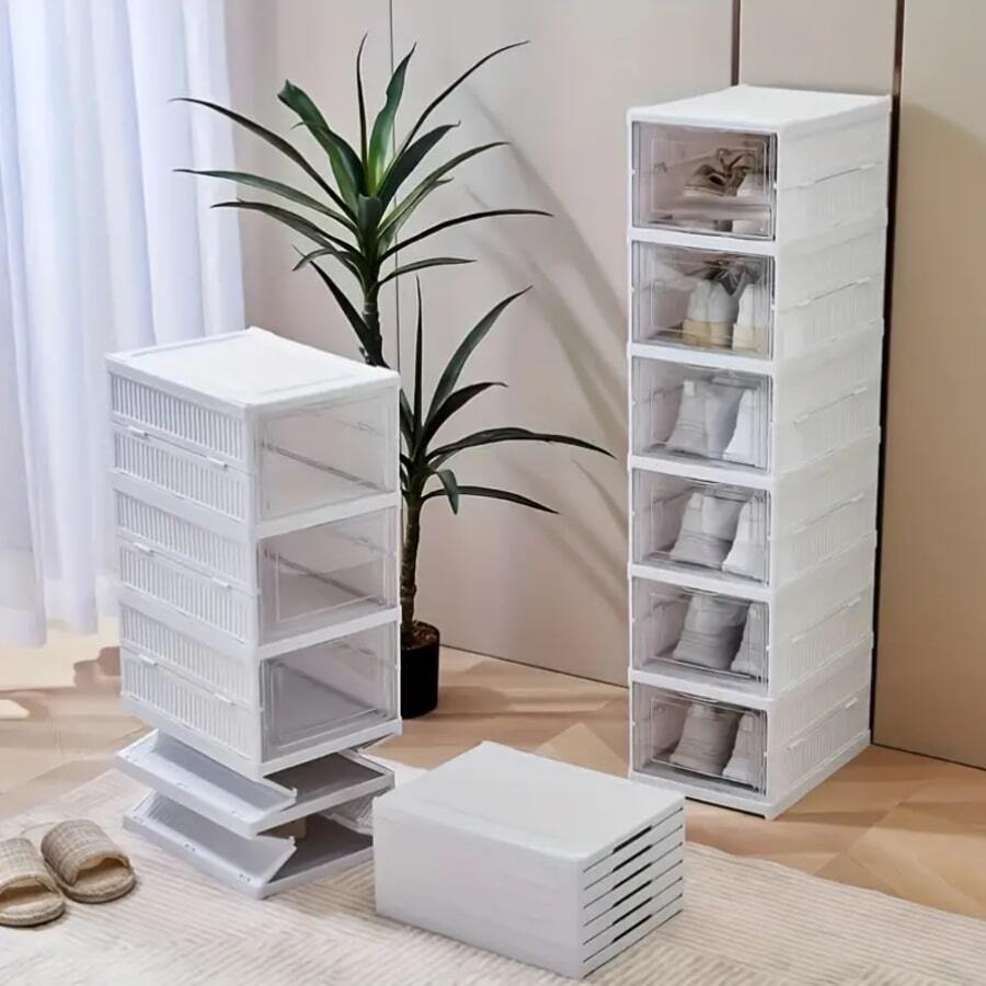6 Tier Heavy Duty Foldable Shoe Rack With Clear Lid / Shoe Organizer 6 Shelves - White - View 1