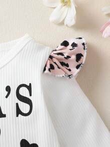 3pcs Set Casual Elegant Sweet Cute Baby Girl Outfit, Soft & Comfortable, Letter Heart Print Ruffle Trim Knit Romper And Leopard Print Flared Pants