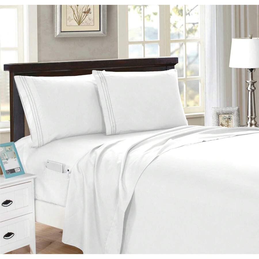 Elegant Comfort Luxury 4pcs Smart Pocket Sheet Set 16 Inch Deep Pockets - Ultra Soft Machine Washable Luxury 4-Piece Bed Sheet Set - Fade And Wrinkle Resistant Premium Hotel Quality Twin/Full/Queen/King Bedding Set- 4PC Sheets For Daily Use, Dorms, Guest Rooms, Christmas Decorations Gifts, Cozy Winter Styles (4pcs For Twin Size Sheet Set) - 白色 - 查看 1