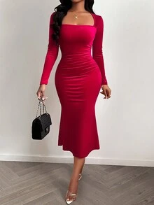 Red Color Ruched Long Sleeves Mermaid Hem Velvet Midi Dress,Elegance And Fashionable,Wedding Dating Party Dress,New Women's Clothing - Red - View 5