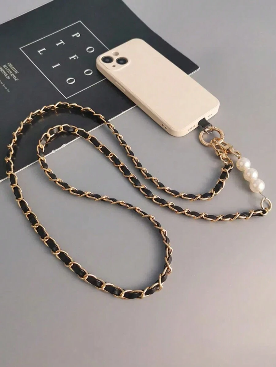 1pc Long Faux Pearl With Leather Crossbody Mobile Phone Chain, Metal Chain Lanyard Gifts For Mother, Family, Friends, Birthday, Holiday Phone Charm - Black - View 1
