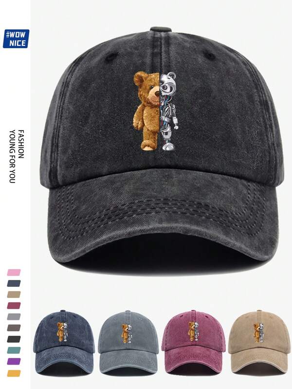 1 Stück süßer Teddybär Muster gewaschene vintage Baseballkappe, atmungsaktiv verstellbare Krempe, lässiger Outdoor Sport Sonnenhut, Geschenk für Väter, Jugendliche, Paare, Skateboarding