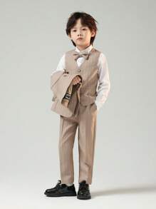 3pcs/Set Young Boy Kids Performance Suit, Young Boy Formal Wear Tuxedo Includes Waistcoat, Pants, And Bow Tie, Wedding Pageboy Outfit