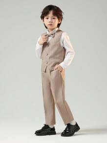 3pcs/Set Young Boy Kids Performance Suit, Young Boy Formal Wear Tuxedo Includes Waistcoat, Pants, And Bow Tie, Wedding Pageboy Outfit