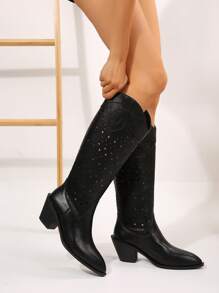 New Hollow Plaid Tall High Shaft Mid Heel Cowgirl Boots For Women, Pointed Toe Slim Fit Vintage British Style Riding Boots, Breathable Retro  Boots - Black - View 3