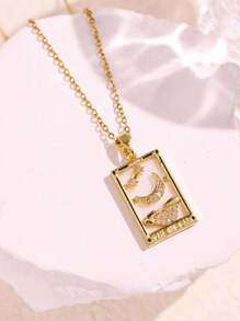 1pc 18K Gold Plated Stainless Steel Vintage Geometric Square Pendant Necklace With Heart, Moon & Zirconia Stones, Fashion Charm Jewelry For Women