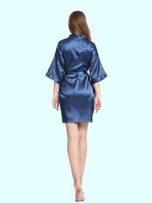 Navy Blue Solid Color Faux Silk Robe, Soft And Comfortable Satin Bathrobe - Navy Blue - View 6