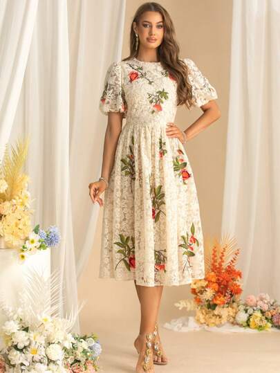Vestido elegante de media longitud con mangas abullonadas, nuevo de primavera y verano, de alta gama, con bordados de flores de encaje pesado