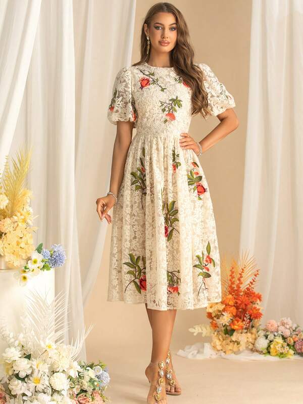 Spring And Summer New High-End Fashion Heavy Lace Embroidery Flowers Mid-Length Dress Bubble Sleeve Elegant Wind Dresses