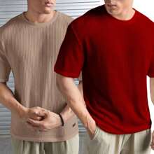 Kit 2 Oversized Casual Basic Plain Straight T-Shirt Caramel/Multicolor - 紅色 - 查看 1