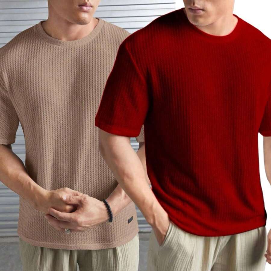 Kit 2 Oversized Casual Basic Plain Straight T-Shirt Caramel/Multicolor - 紅色 - 查看 1