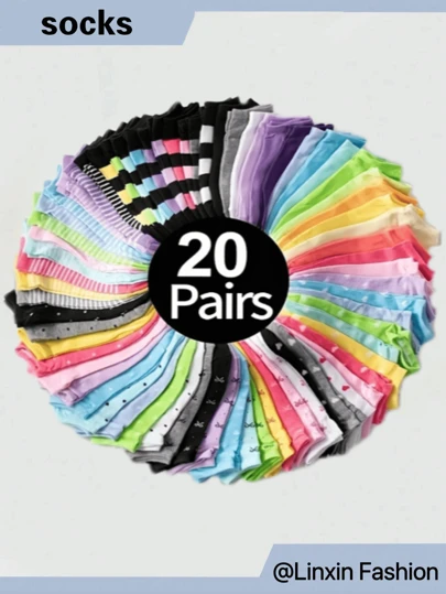 1/20 Pairs Women Socks, Random Multi-Color Flat Stripe, Polka Dot, Bow, Heart Cute Daily Simple Versatile Ladies Short Socks