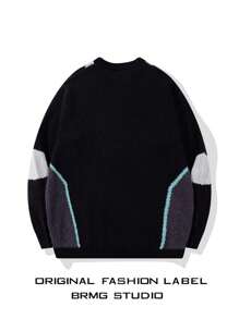 Unisex Casual Loose Raglan Sleeve Colorblock English Letter Embroidery Number Striped Jacquard Striped Patchwork Sporty Crew Neck Pullover Sweater, Autumn/Winter - Black - View 2