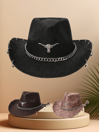 1pc Women's PU Suede Cowboy Hat With Steer Head Chain Screw Buckle Decor, Wide Brim Western Style Cowgirl Hat, Punk Rock Fashion, Adjustable Buckle Design