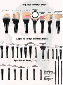 58件套化妆刷套装，包含30支化妆刷、5个化妆海绵、5个三角化妆海绵、2个卸妆粉扑、2个化妆腕带、1个化妆发带、5个迷你化妆海绵、1个睫毛夹、1个化妆刷清洁碗、1个防水化妆包。