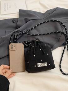 Dreamy Rhinestone Drawstring Phone Bag Crossbody Bag Coin Purse For Sports Casual Commute Shopping School Travel - Black - View 11