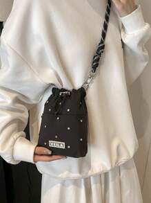 Dreamy Rhinestone Drawstring Phone Bag Crossbody Bag Coin Purse For Sports Casual Commute Shopping School Travel - Black - View 5